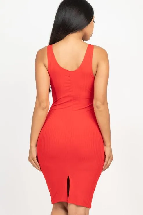 Ribbed Back Slit Bodycon Midi Dress