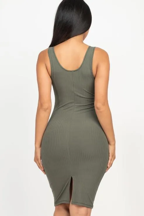 Ribbed Back Slit Bodycon Midi Dress