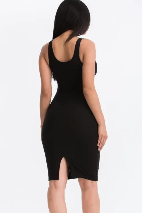 Ribbed Back Slit Bodycon Midi Dress