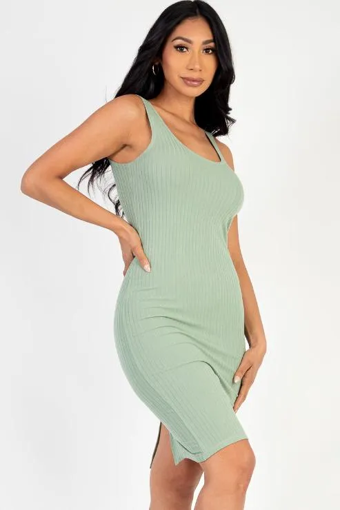 Ribbed Back Slit Bodycon Midi Dress