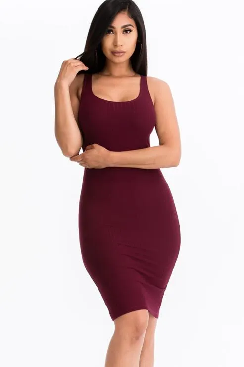 Ribbed Back Slit Bodycon Midi Dress