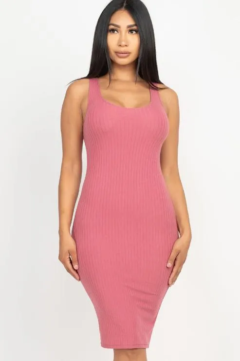 Ribbed Back Slit Bodycon Midi Dress