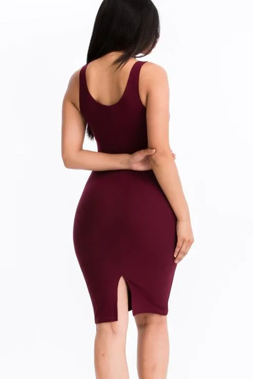 Ribbed Back Slit Bodycon Midi Dress