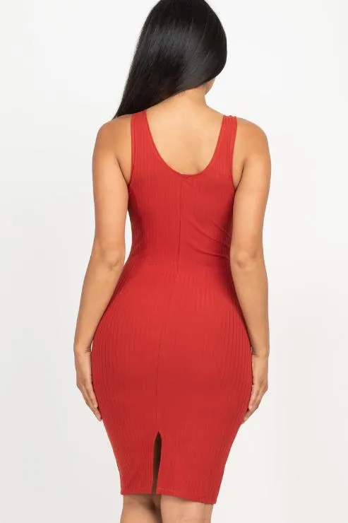 Ribbed Back Slit Bodycon Midi Dress