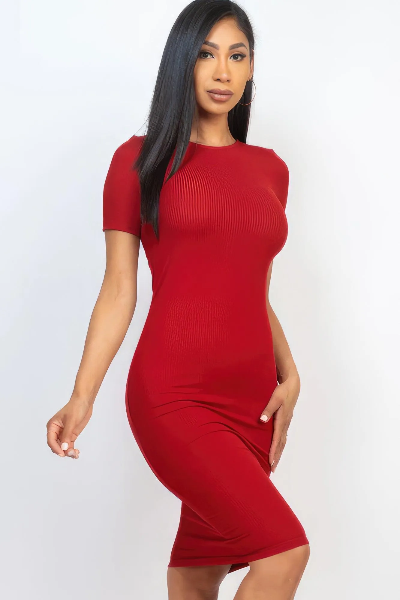 Ribbed Bodycon Midi Dress - Wine