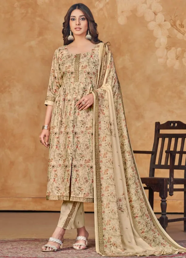 Rivaa Beige Printed Pashmina Women Unstitched Winter Suit Material