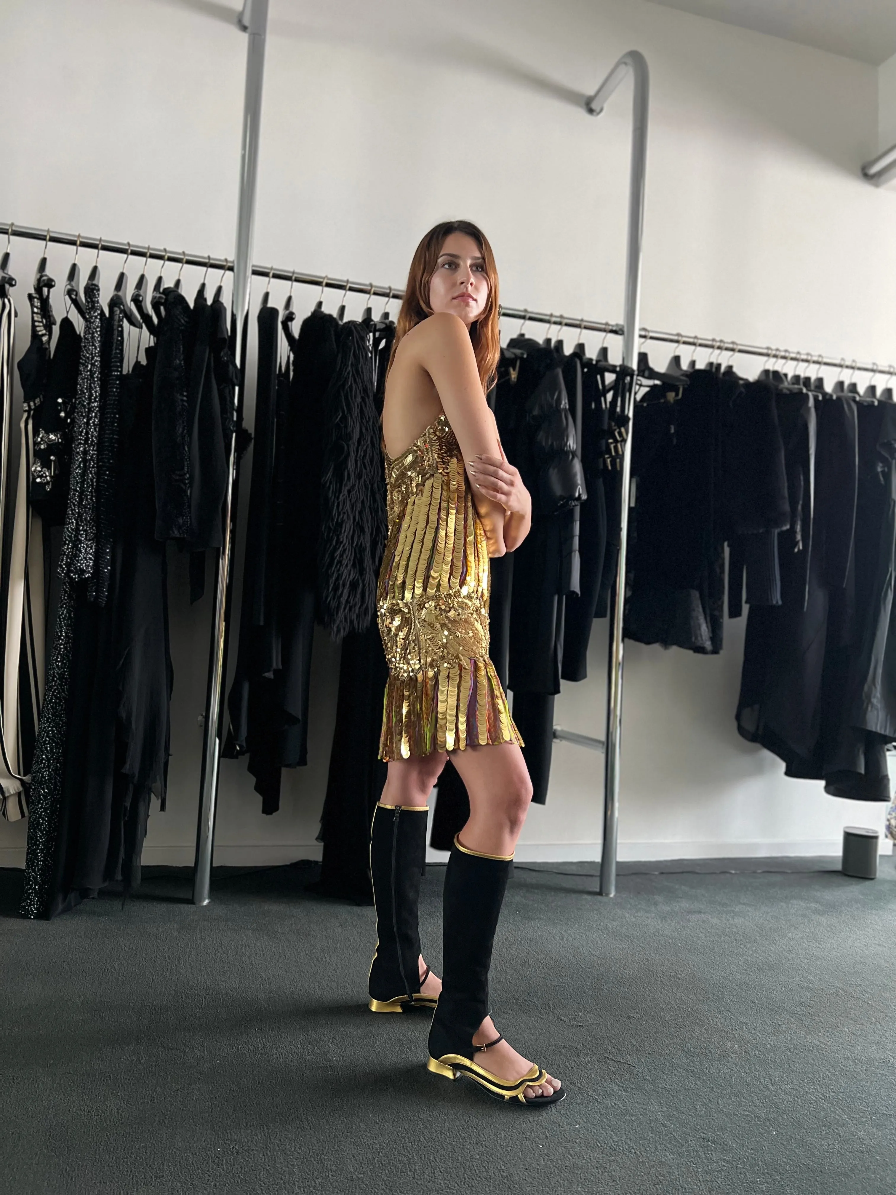 ROBERTO CAVALLI GOLD SEQUIN, PAILLETTE & BEADED MINI FLAPPER DRESS