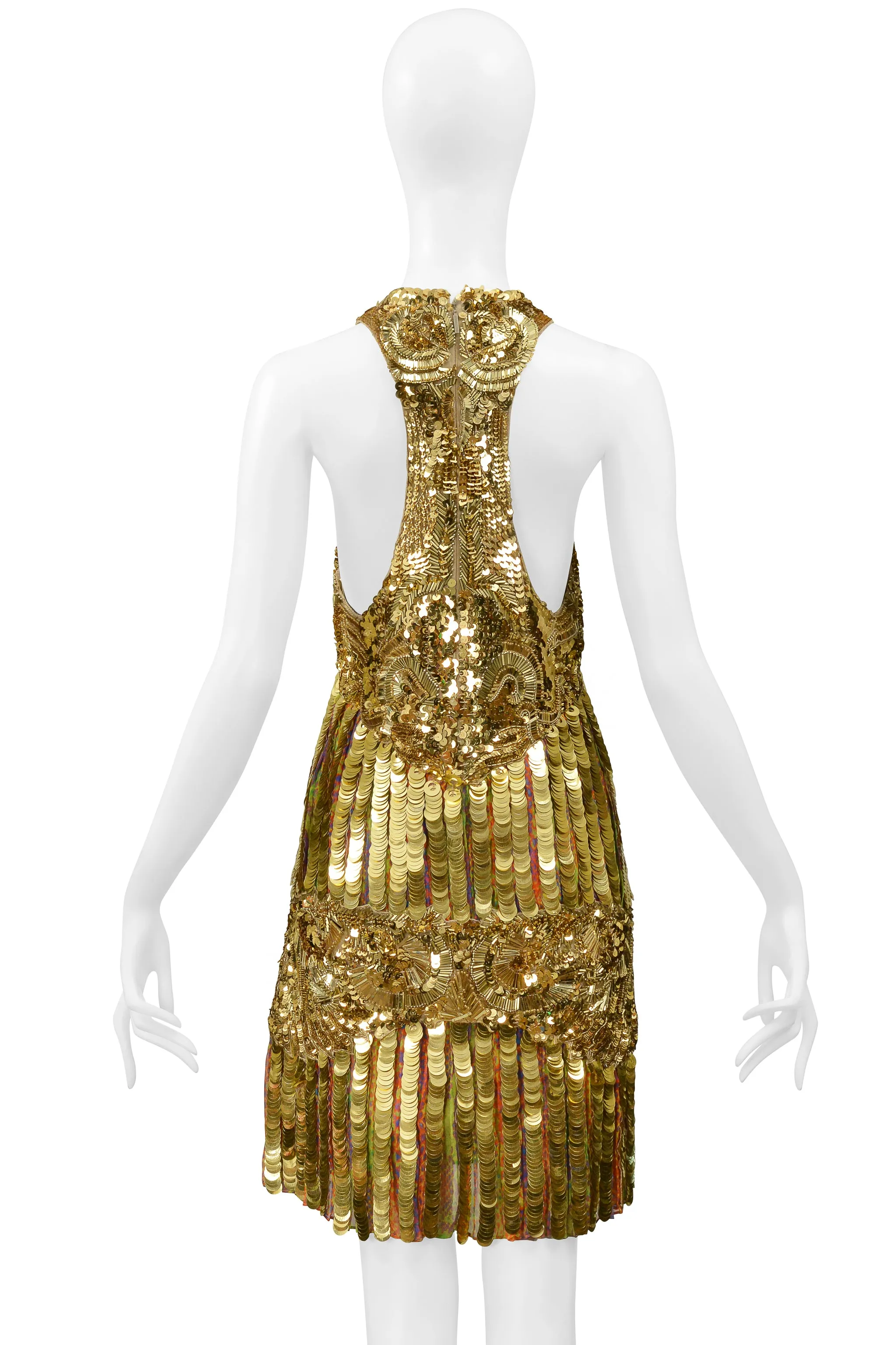 ROBERTO CAVALLI GOLD SEQUIN, PAILLETTE & BEADED MINI FLAPPER DRESS