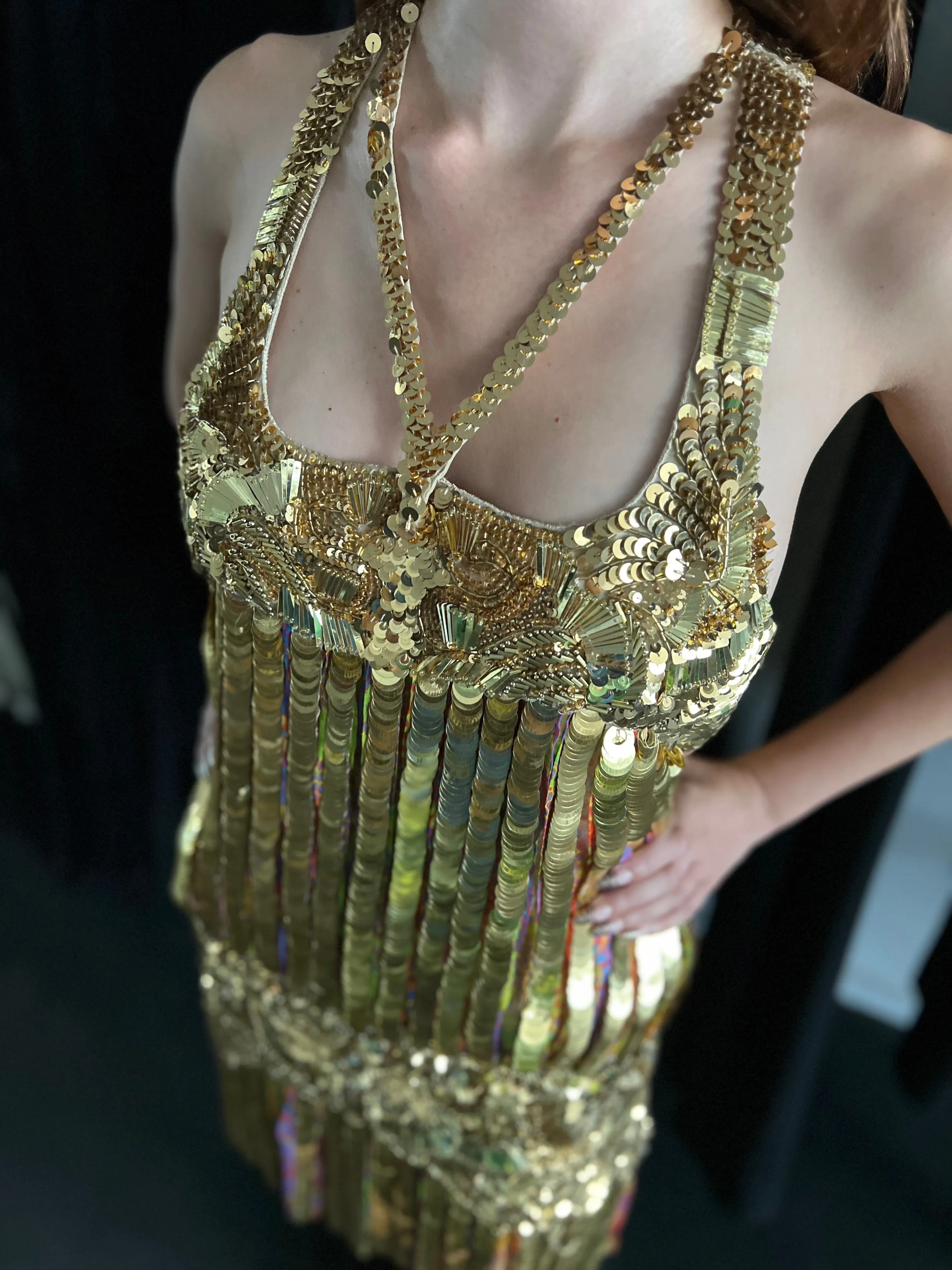 ROBERTO CAVALLI GOLD SEQUIN, PAILLETTE & BEADED MINI FLAPPER DRESS