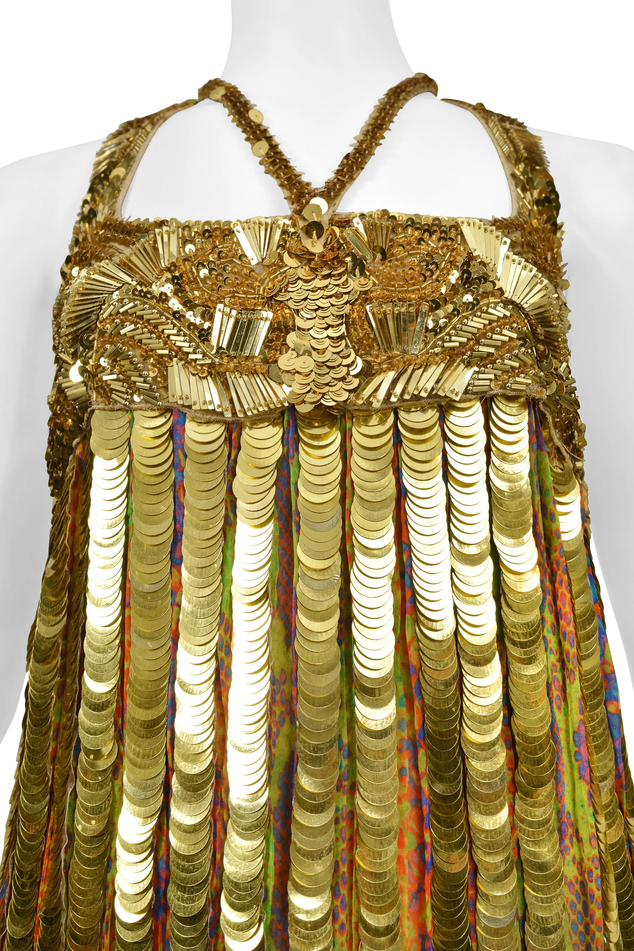 ROBERTO CAVALLI GOLD SEQUIN, PAILLETTE & BEADED MINI FLAPPER DRESS