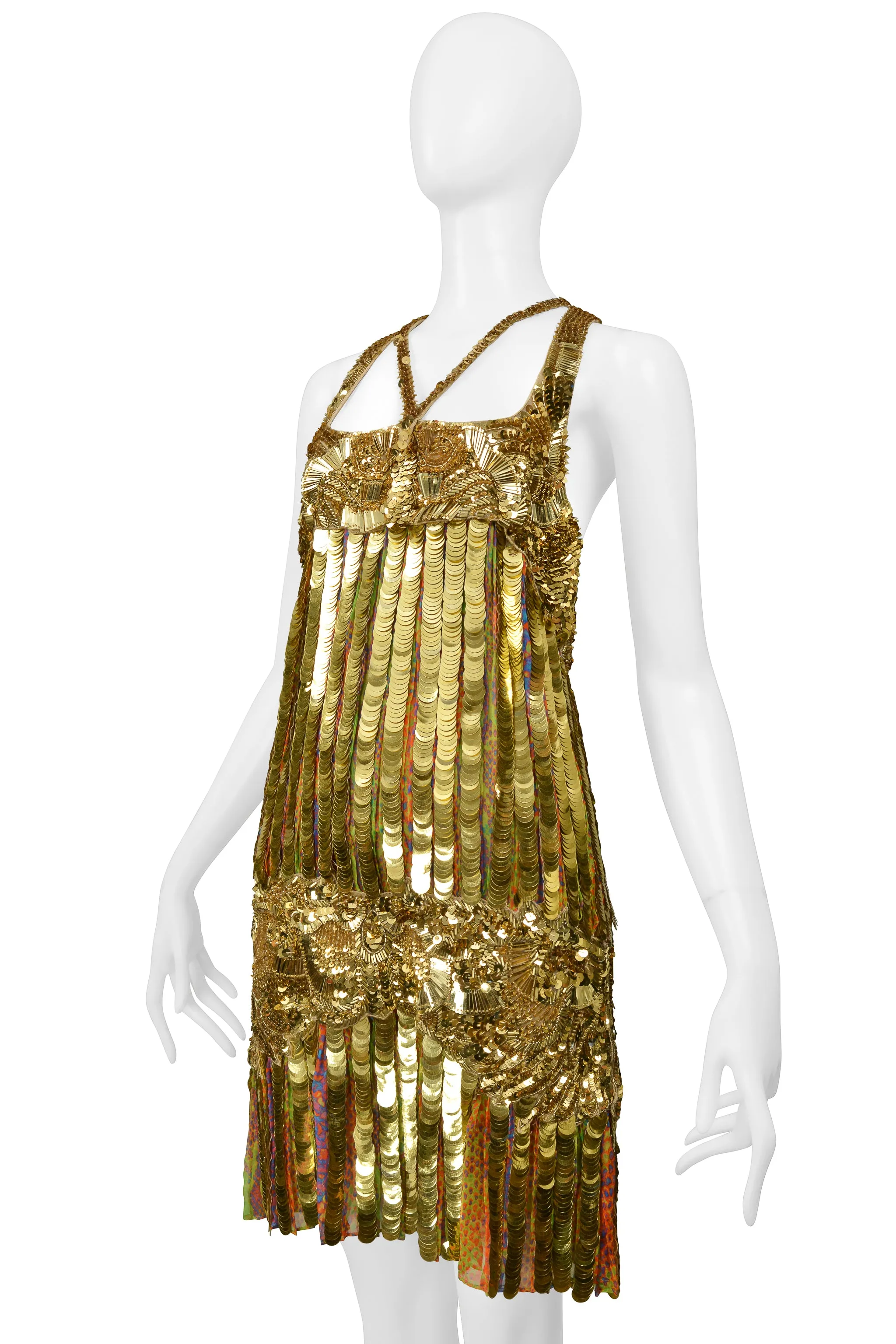 ROBERTO CAVALLI GOLD SEQUIN, PAILLETTE & BEADED MINI FLAPPER DRESS