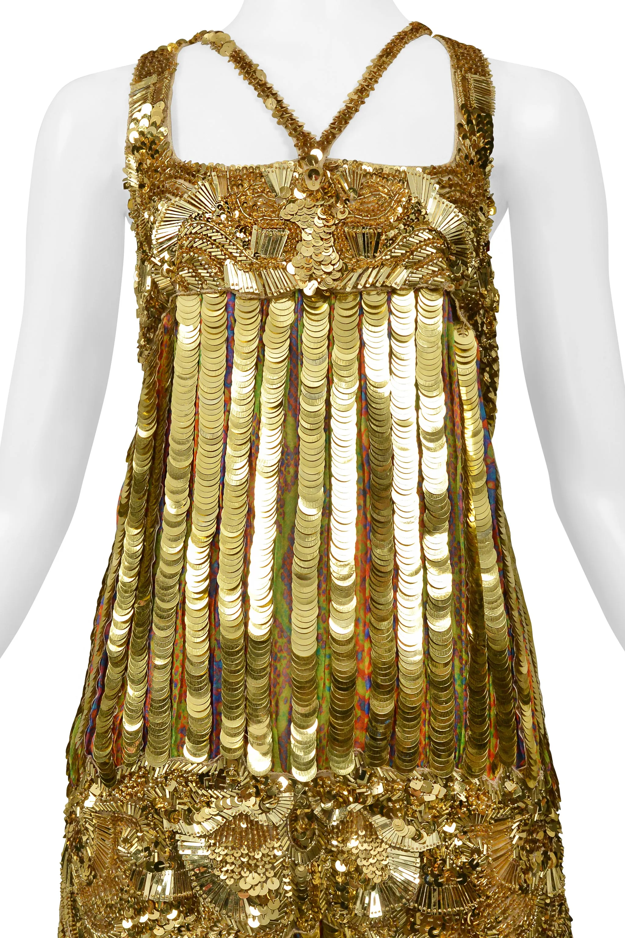 ROBERTO CAVALLI GOLD SEQUIN, PAILLETTE & BEADED MINI FLAPPER DRESS