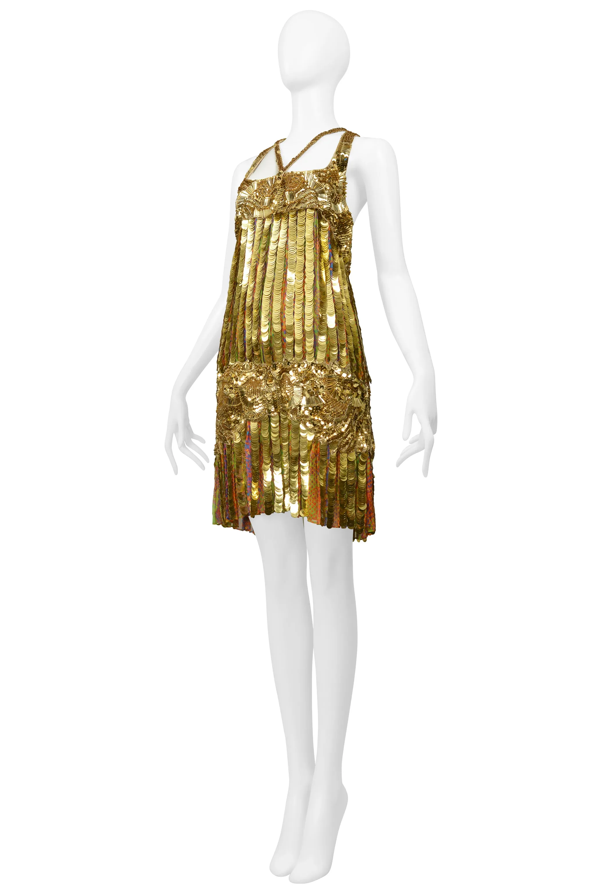 ROBERTO CAVALLI GOLD SEQUIN, PAILLETTE & BEADED MINI FLAPPER DRESS