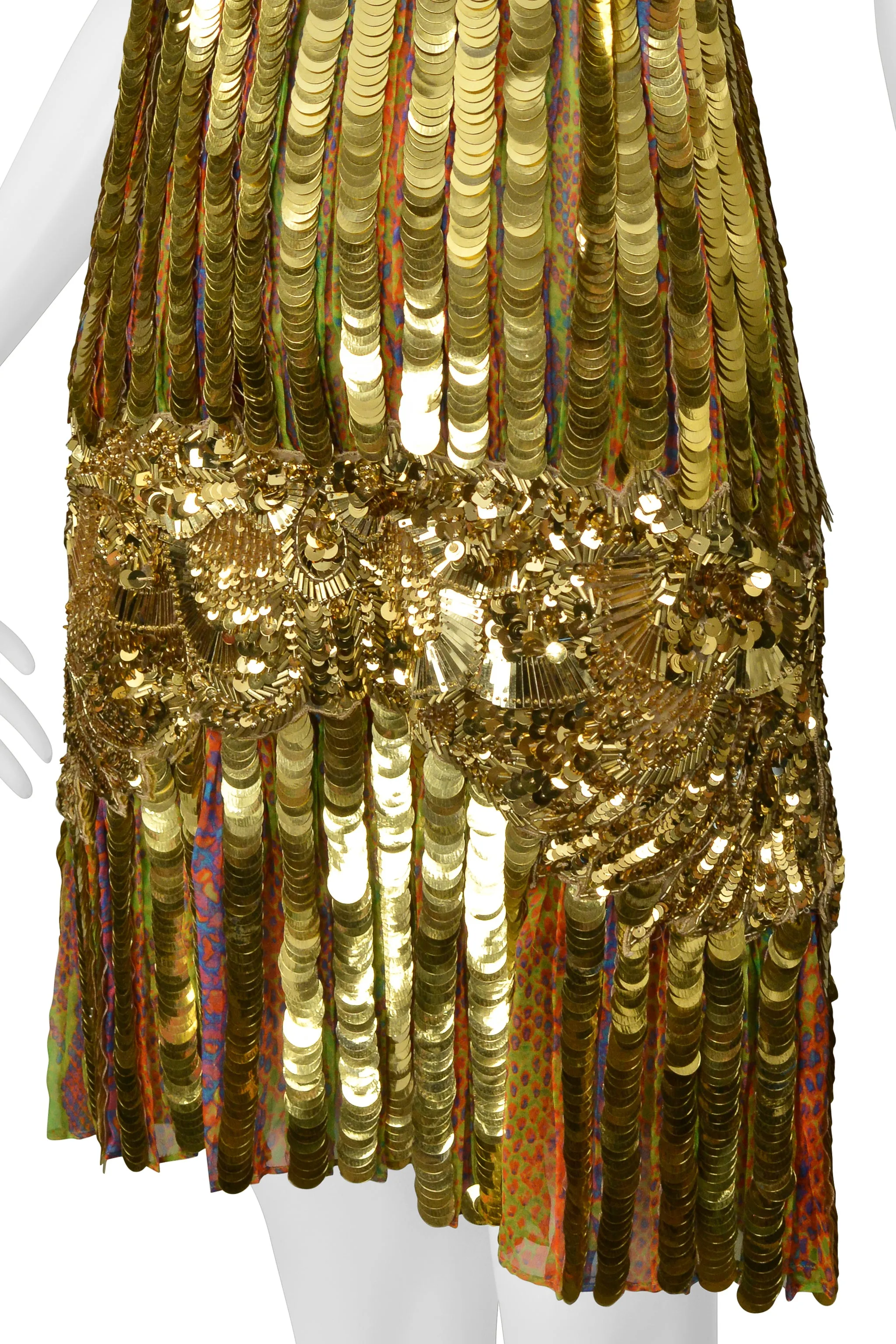 ROBERTO CAVALLI GOLD SEQUIN, PAILLETTE & BEADED MINI FLAPPER DRESS