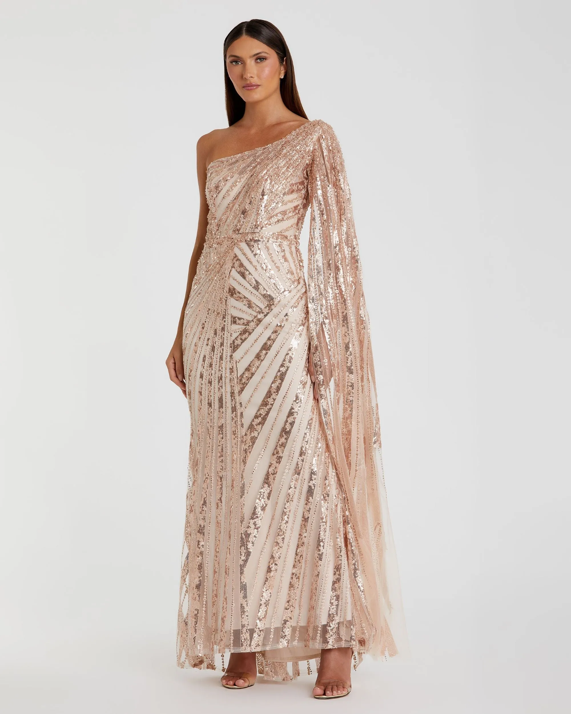 Rose Gold One Shoulder Cape Sleeve Embellished Gown