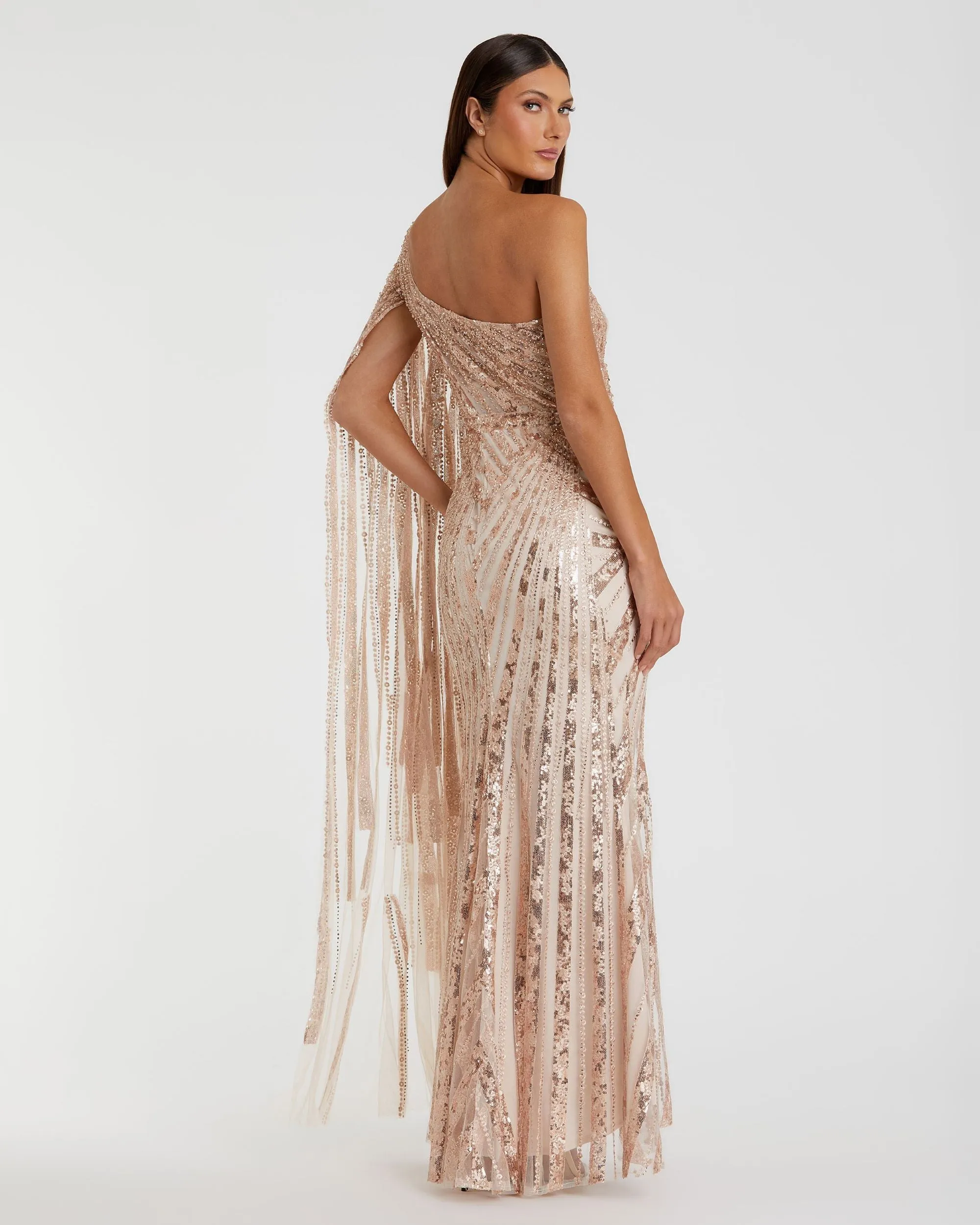 Rose Gold One Shoulder Cape Sleeve Embellished Gown