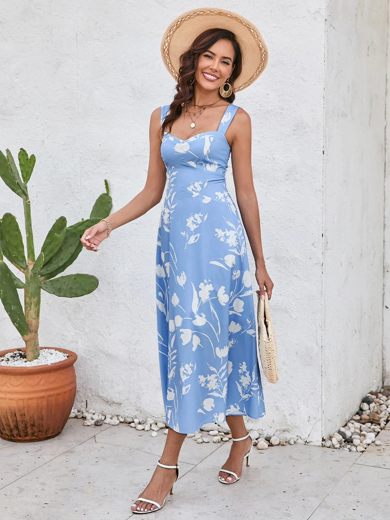 Ruched Backless Floral Print Midi Dress