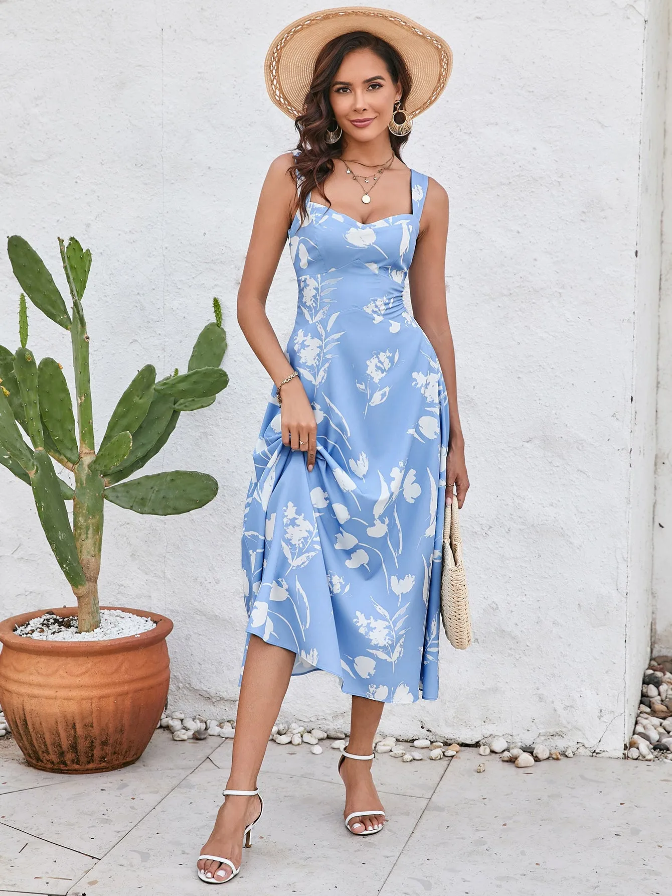 Ruched Backless Floral Print Midi Dress