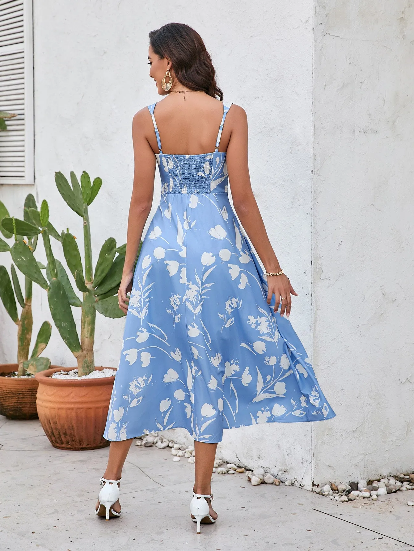 Ruched Backless Floral Print Midi Dress