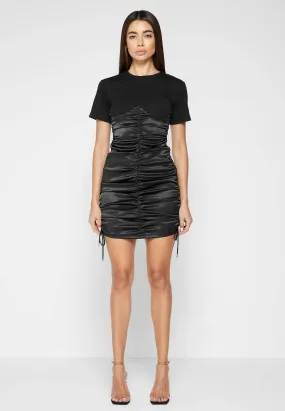 Ruched Satin T-Shirt Dress - Black