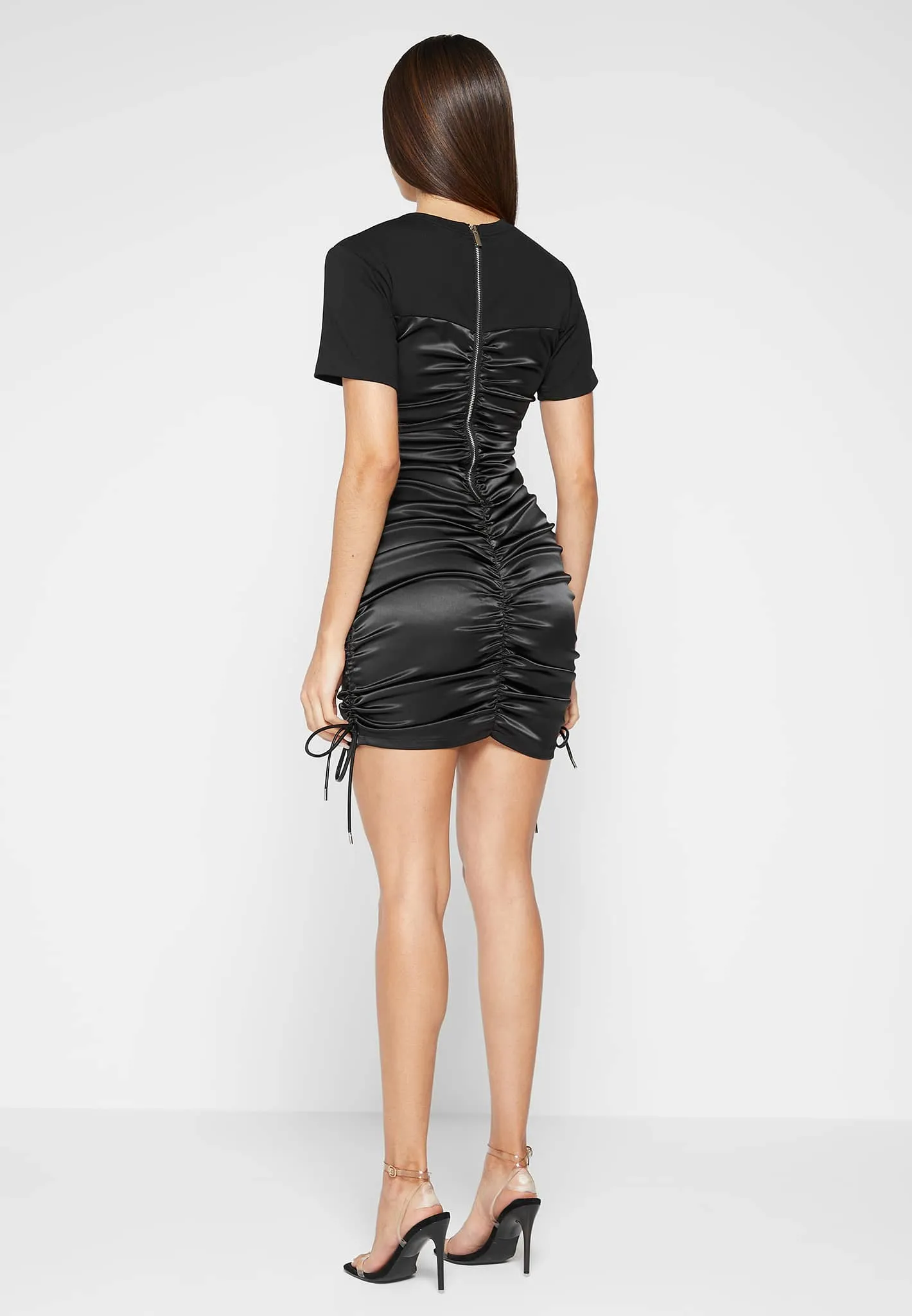 Ruched Satin T-Shirt Dress - Black