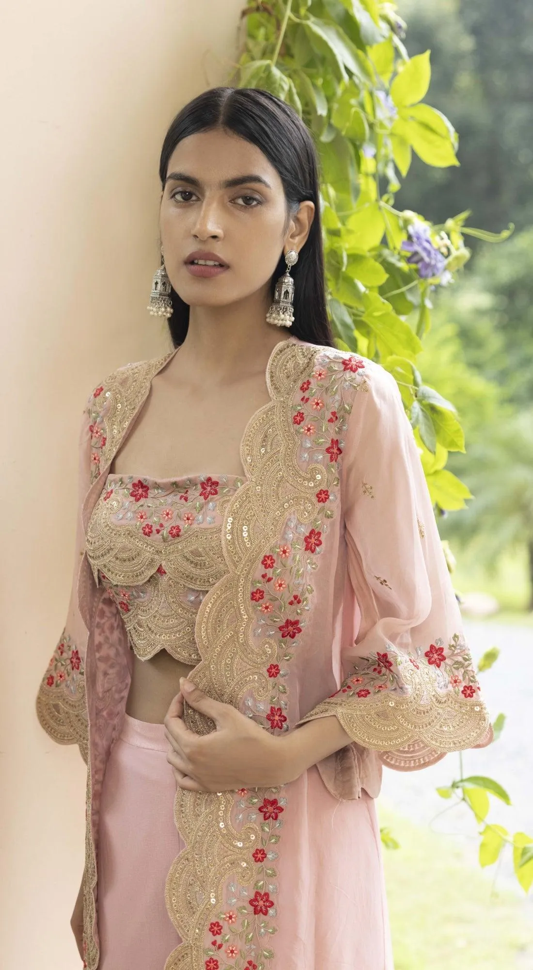 Salmon Pink Palazzo Set With Embroidered Cape