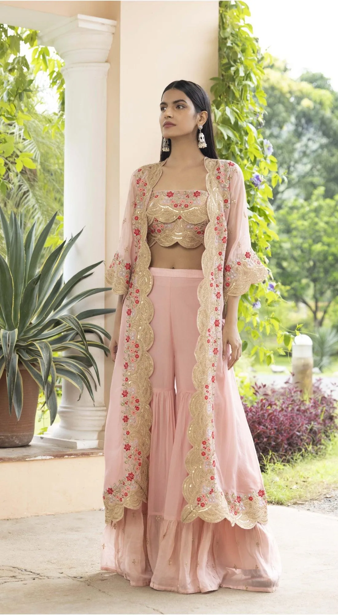 Salmon Pink Palazzo Set With Embroidered Cape