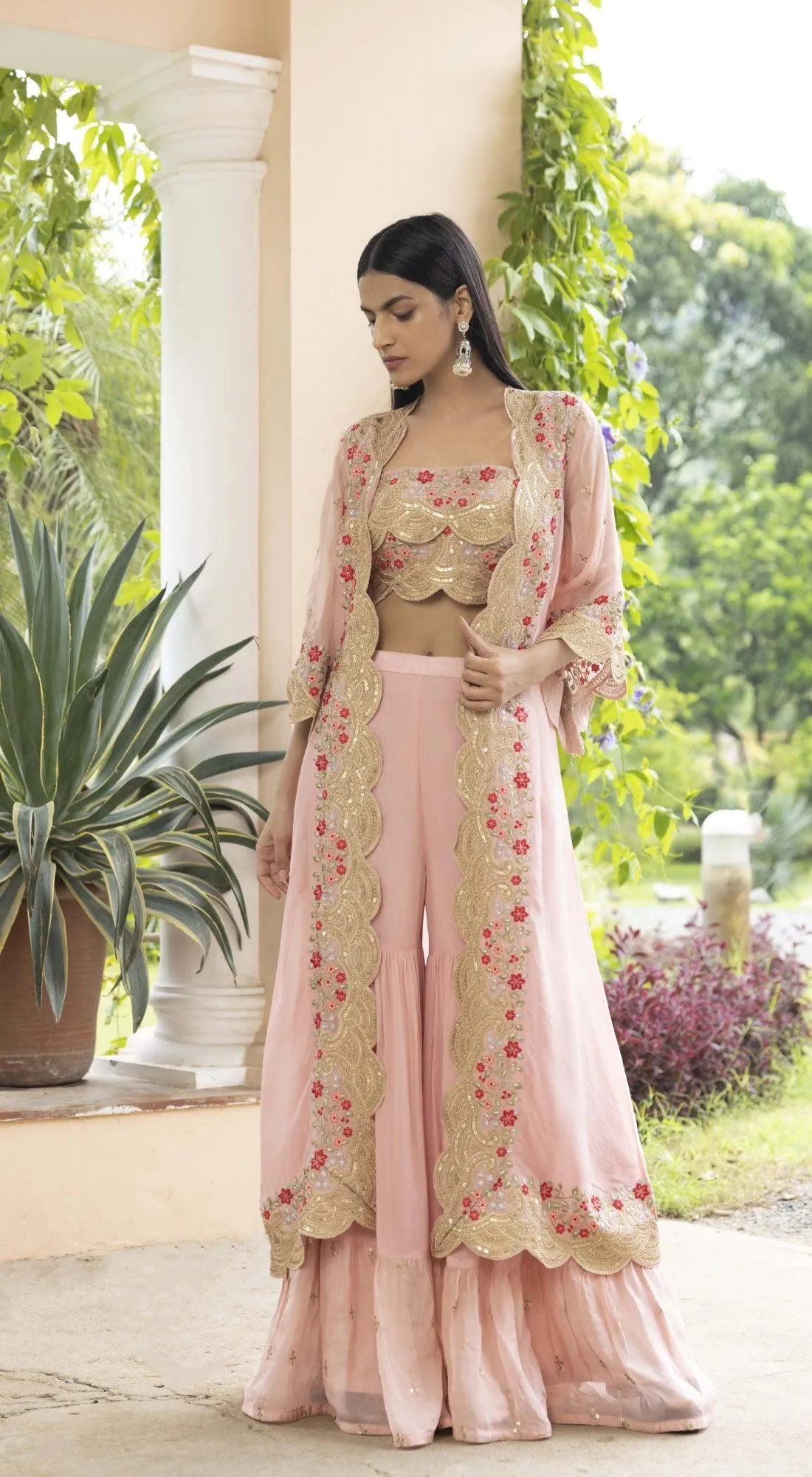 Salmon Pink Palazzo Set With Embroidered Cape