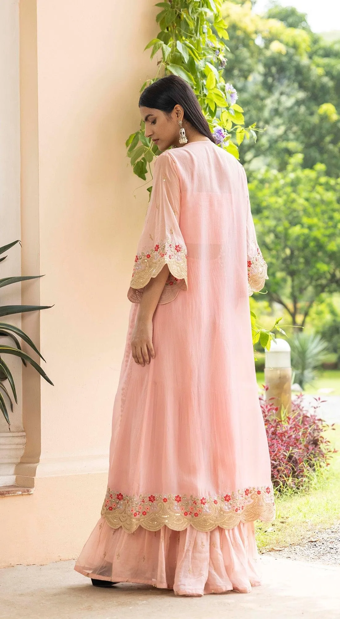 Salmon Pink Palazzo Set With Embroidered Cape