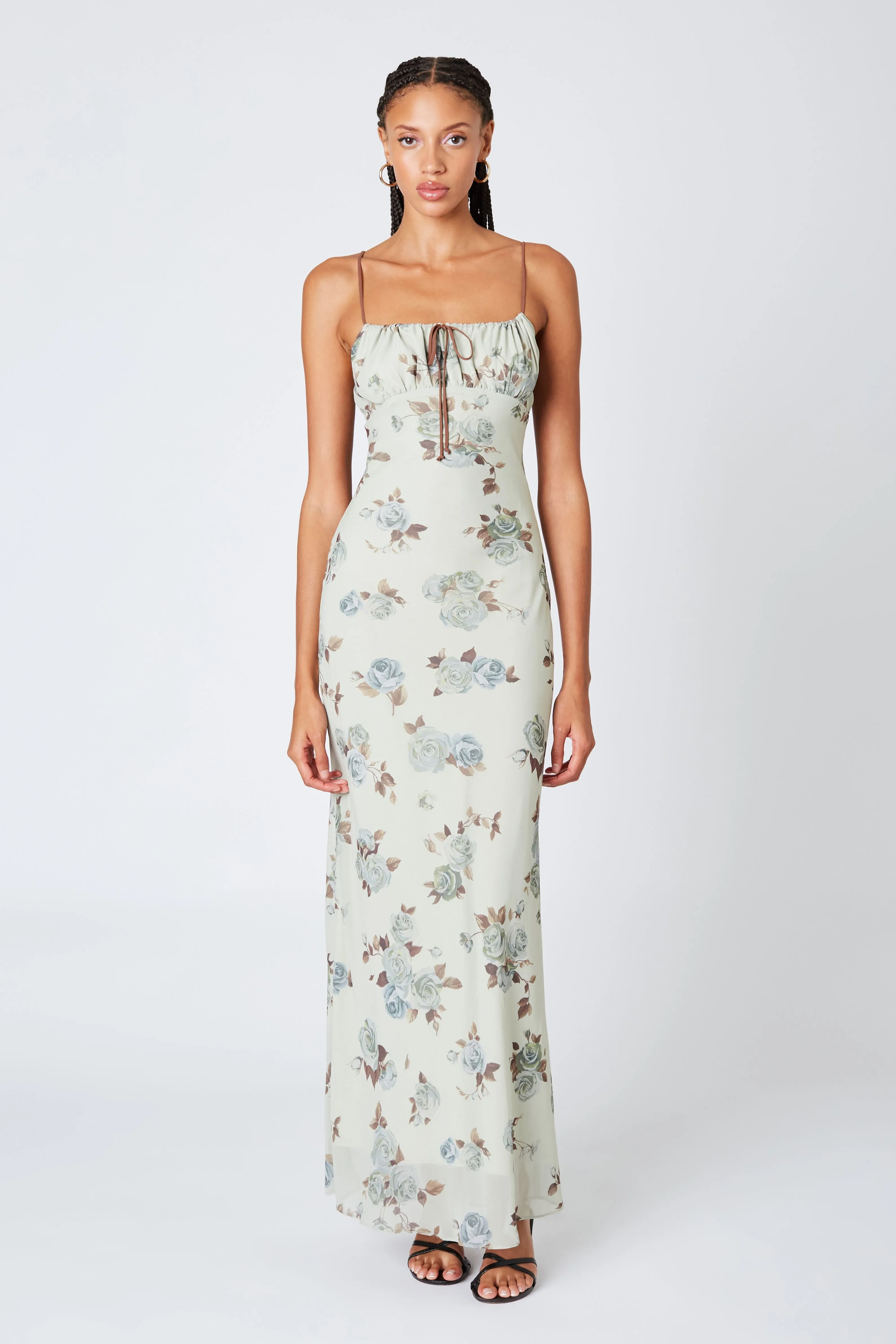 Sarah Rose Floral Print Milkmaid Maxi Mesh Dress - Sage