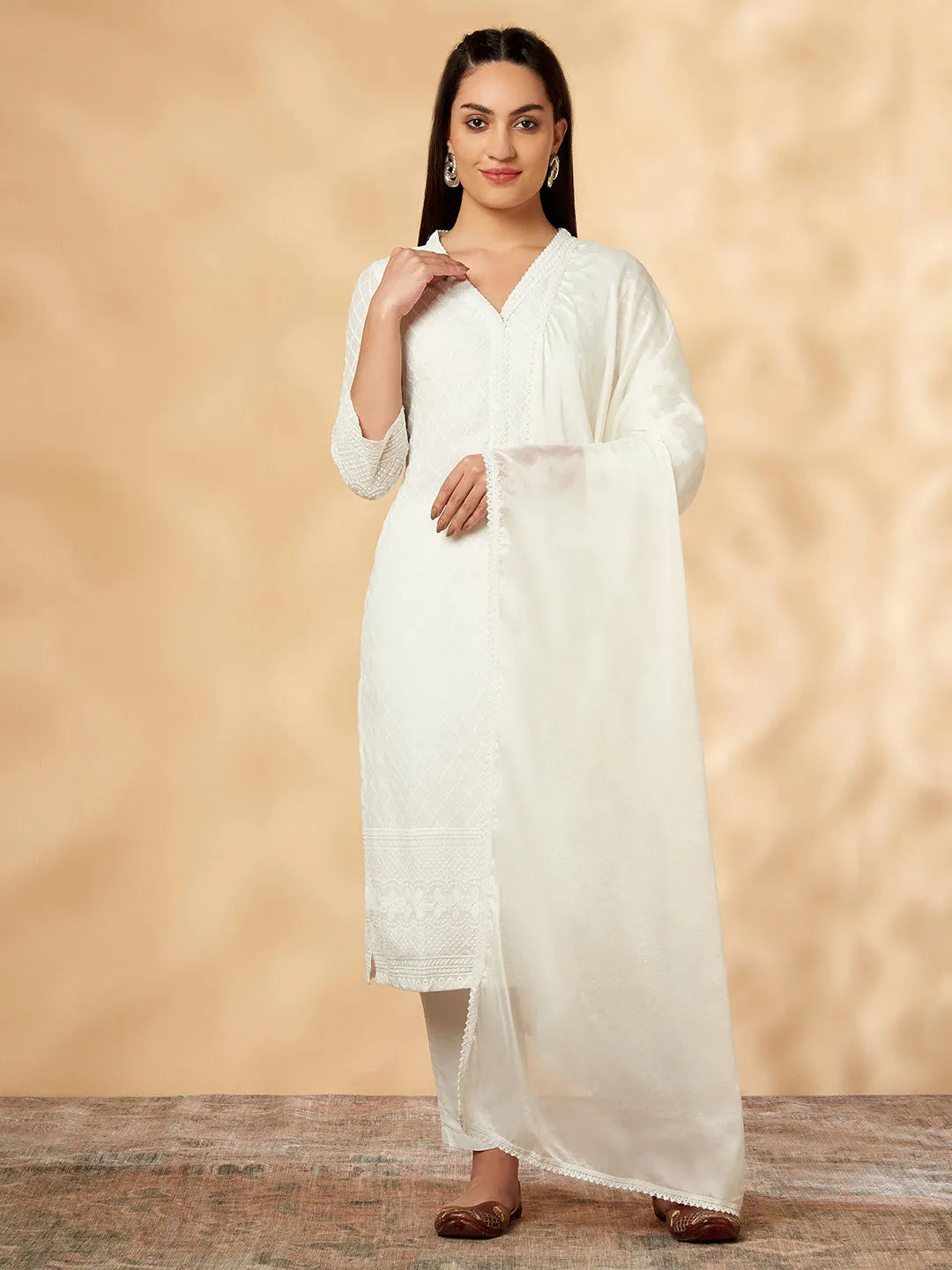 Schiffili Off-White Cotton Kurta Set