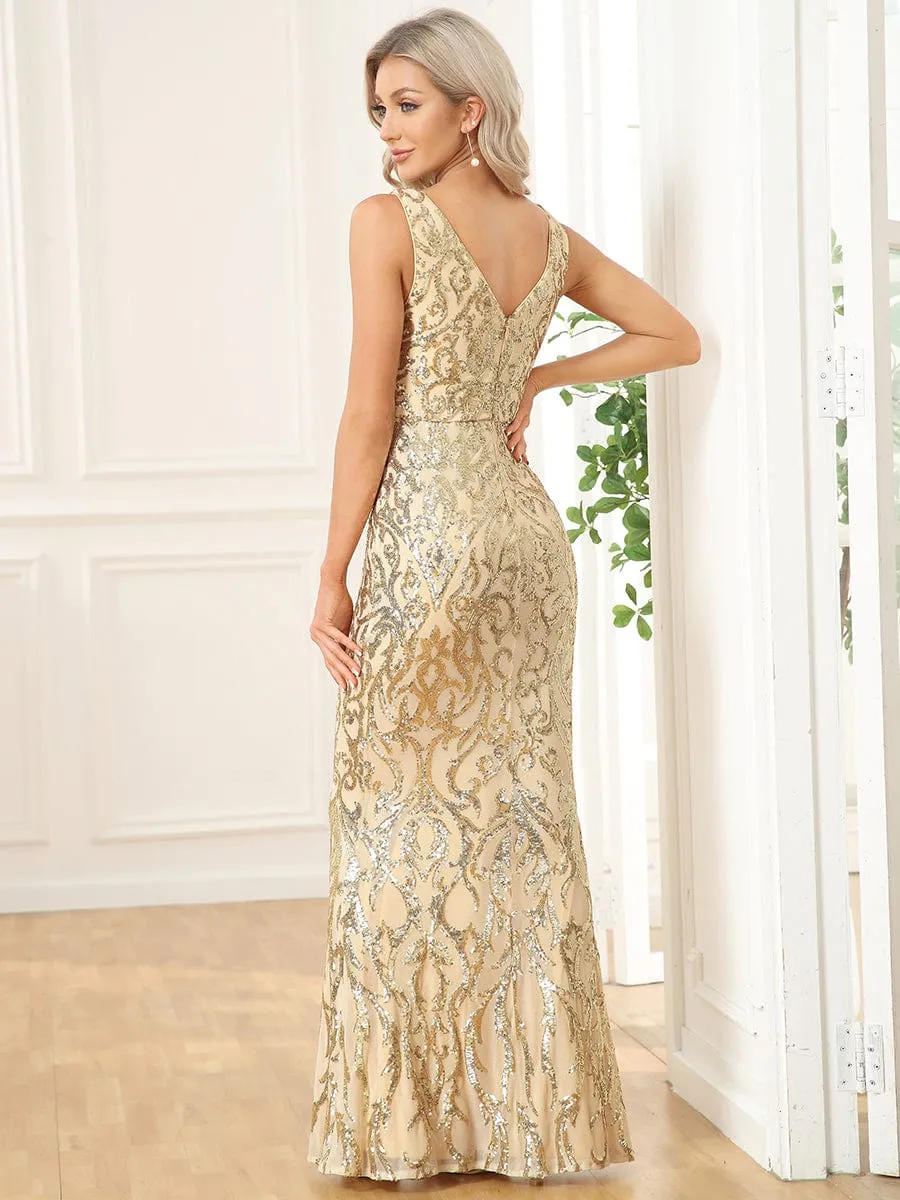 Sequin Sleeveless V-Neck Bodycon Floor-Length Evening Dress(Final Sale)