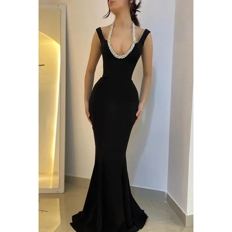 Sexy Hot Straps Halter Trumpet Formal Prom Dress With Rhinestones