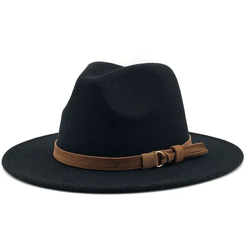 Simple Church Hat Suede Belt Woolen Hat British Style Fedora Hat Wide Brim Hat Women's Autumn And Winter Top Hat