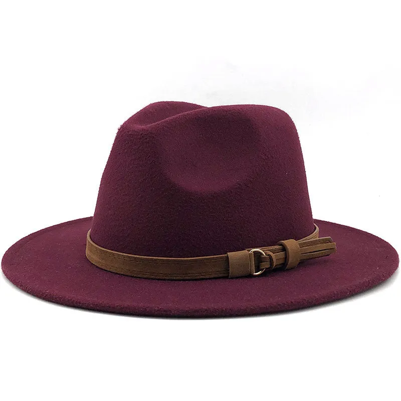 Simple Church Hat Suede Belt Woolen Hat British Style Fedora Hat Wide Brim Hat Women's Autumn And Winter Top Hat