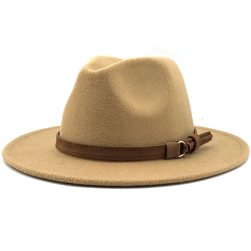 Simple Church Hat Suede Belt Woolen Hat British Style Fedora Hat Wide Brim Hat Women's Autumn And Winter Top Hat