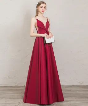 Simple V Neck A Line Satin Long Prom Dress Red Evening Dress