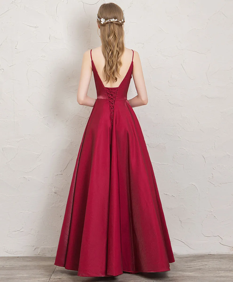 Simple V Neck A Line Satin Long Prom Dress Red Evening Dress