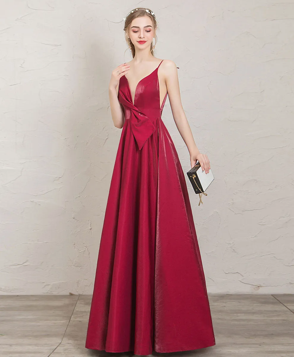 Simple V Neck A Line Satin Long Prom Dress Red Evening Dress