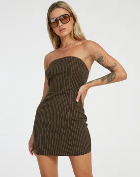 Siria Bandeau Dress in Pinstripe Brown