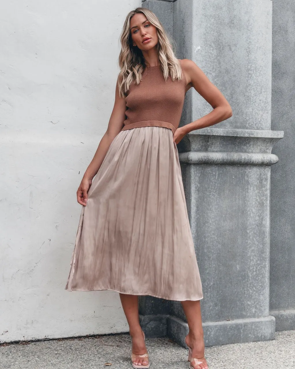 Sleeveless Half Sweater and Satin Skirt Midi Dress - Mocha