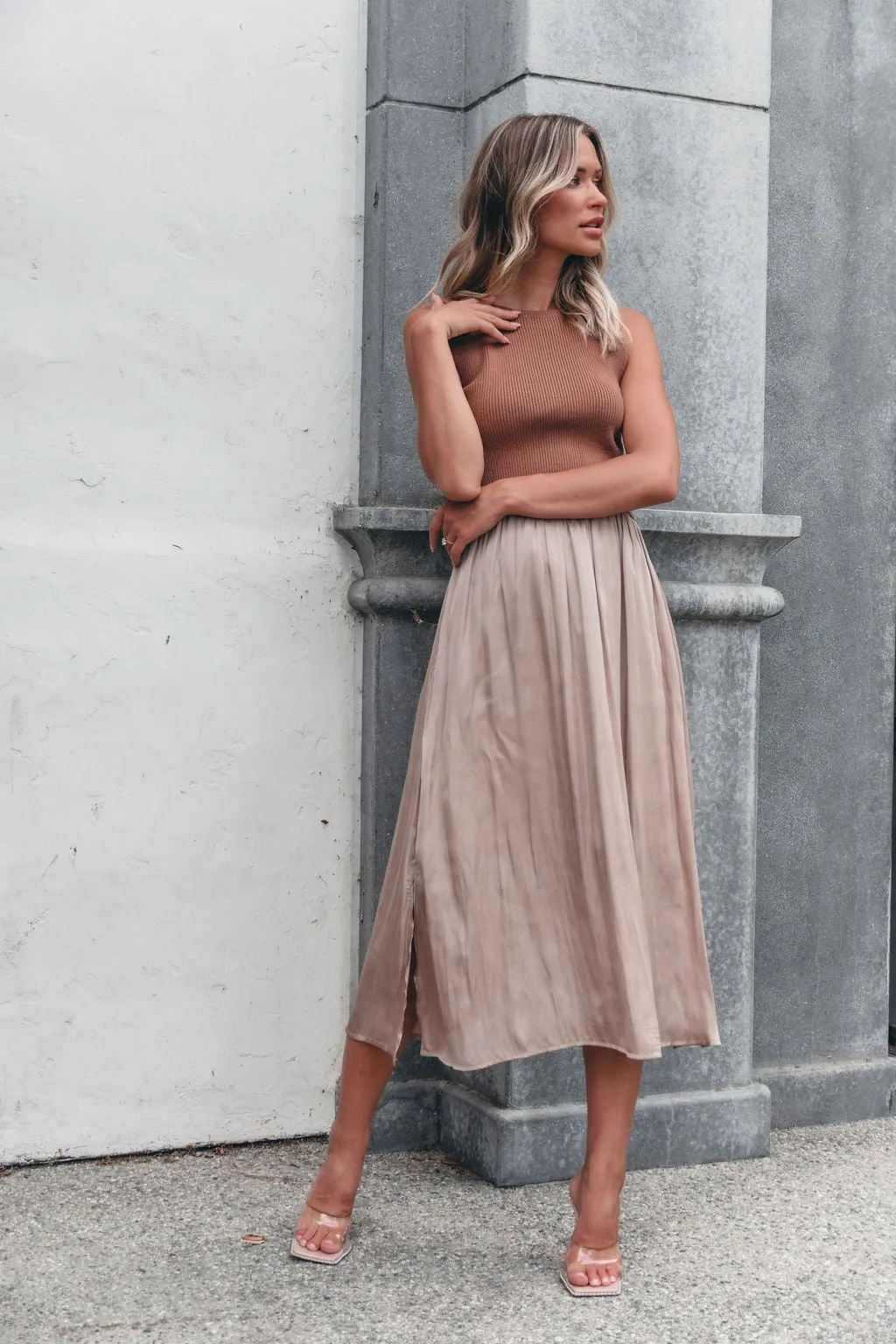 Sleeveless Half Sweater and Satin Skirt Midi Dress - Mocha