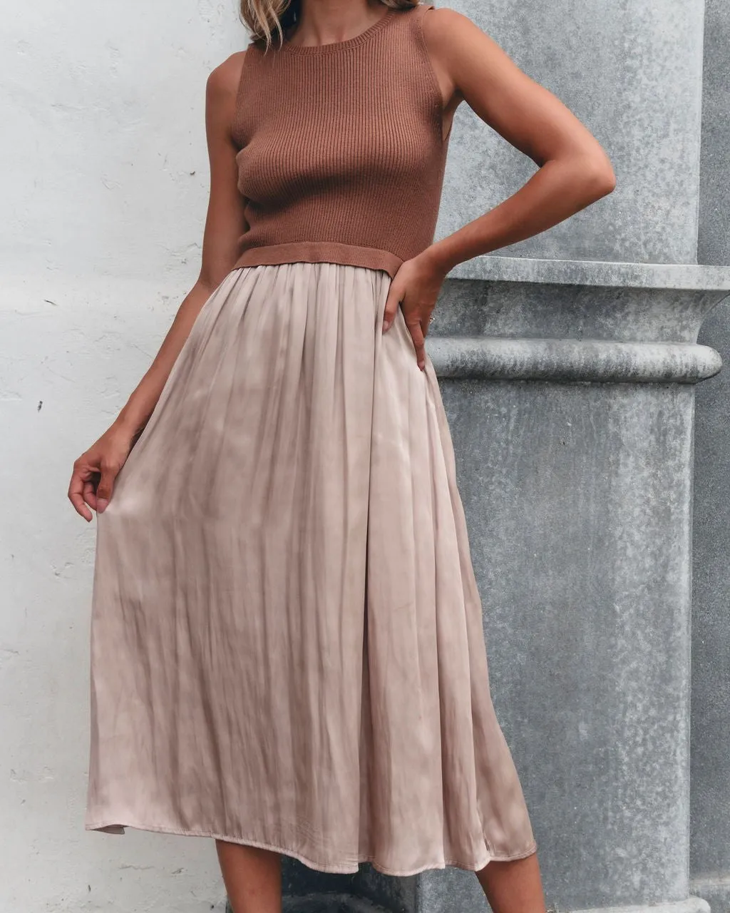 Sleeveless Half Sweater and Satin Skirt Midi Dress - Mocha