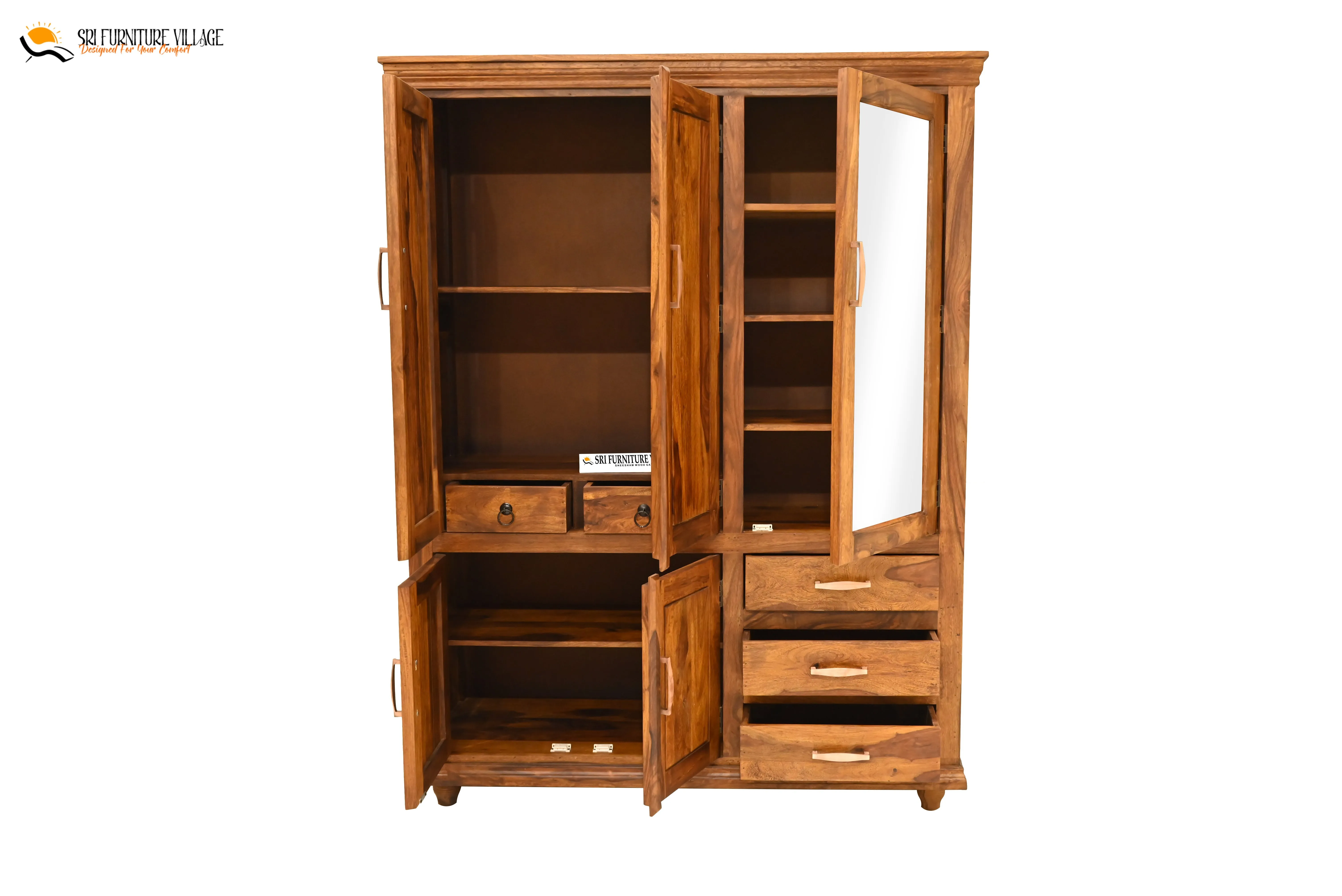 Solid Sheesham Wood Plain 5 Door & Drawer's  Wardrobe (Stone Finish) - 6123