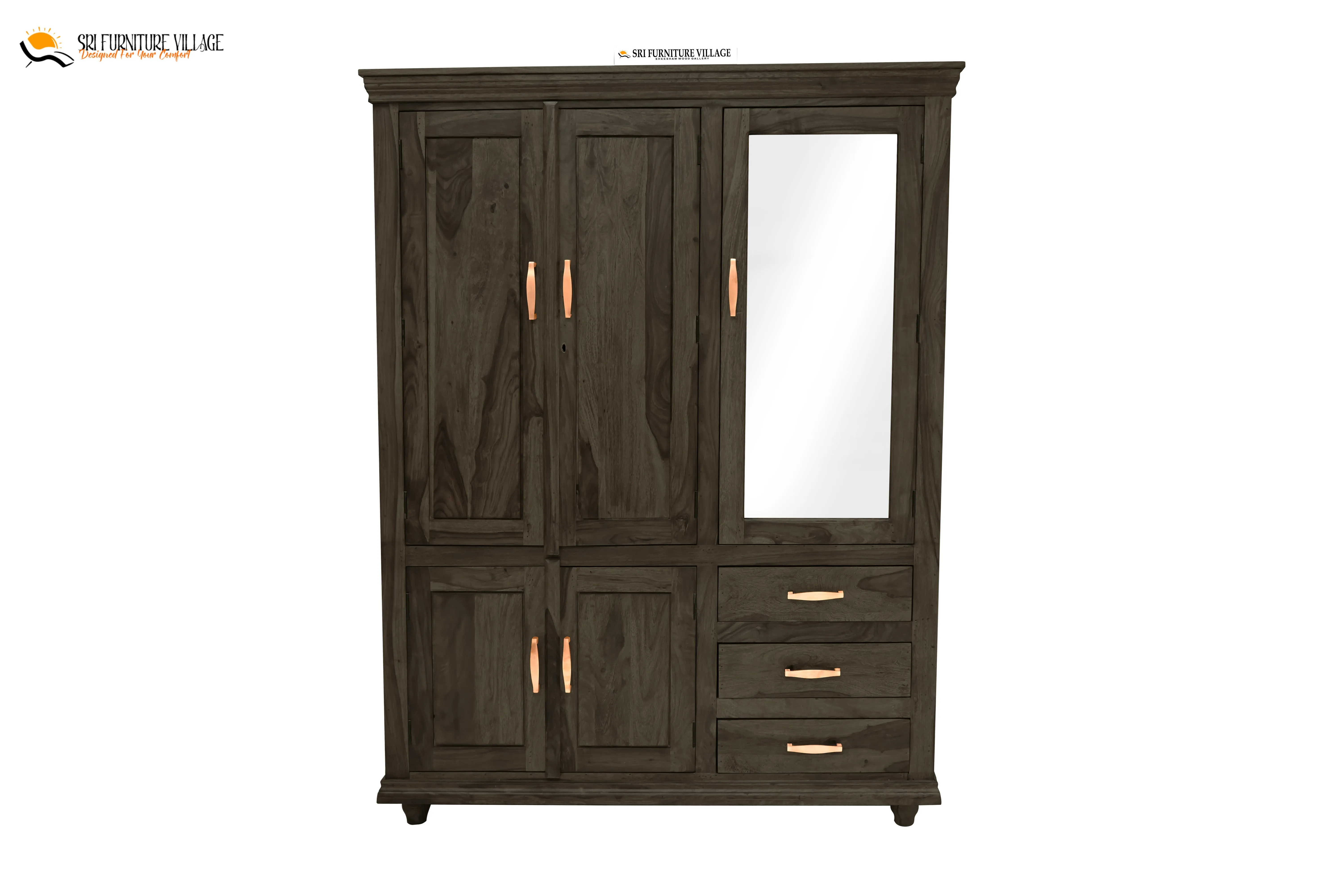 Solid Sheesham Wood Plain 5 Door & Drawer's  Wardrobe (Stone Finish) - 6123