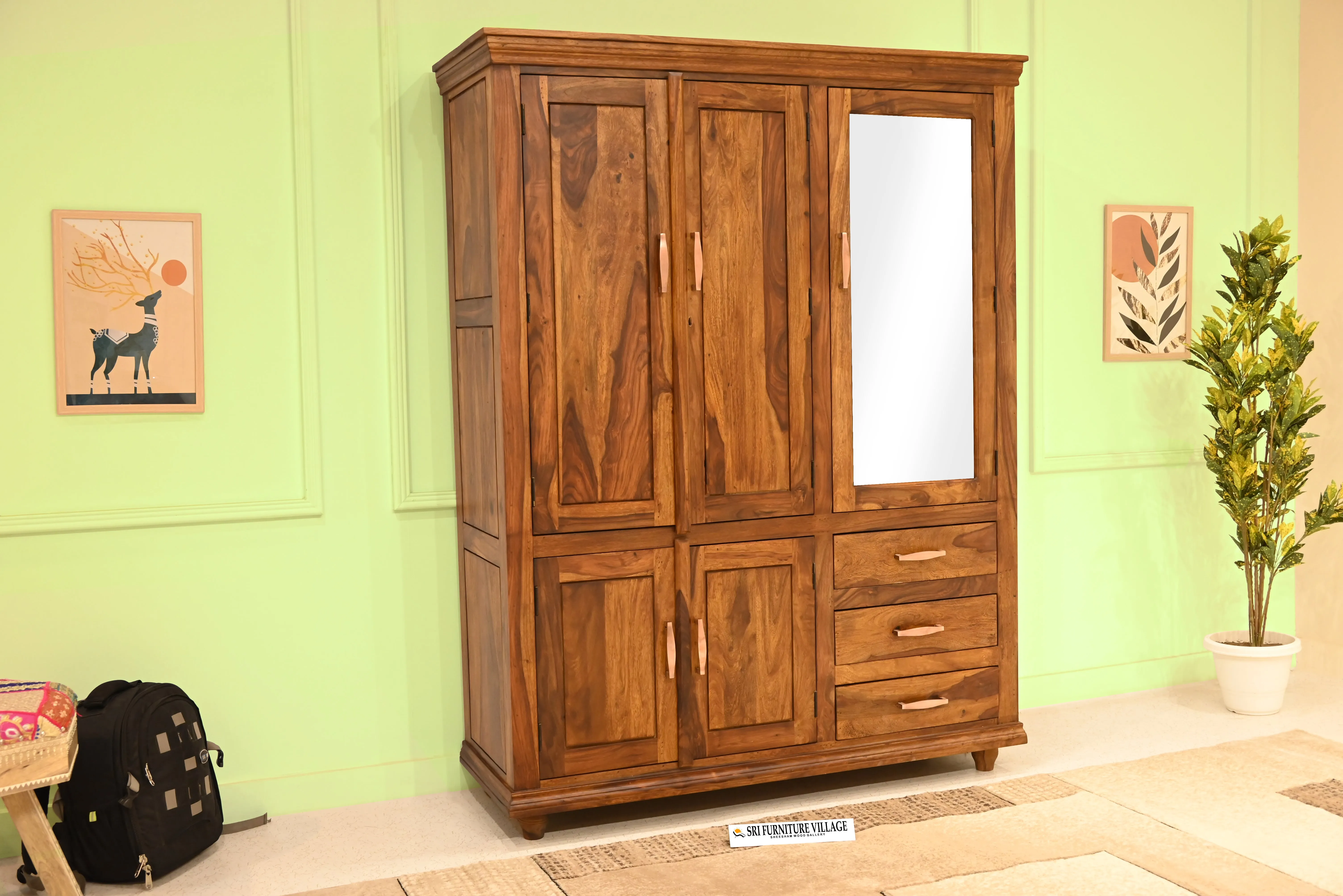 Solid Sheesham Wood Plain 5 Door & Drawer's  Wardrobe (Stone Finish) - 6123