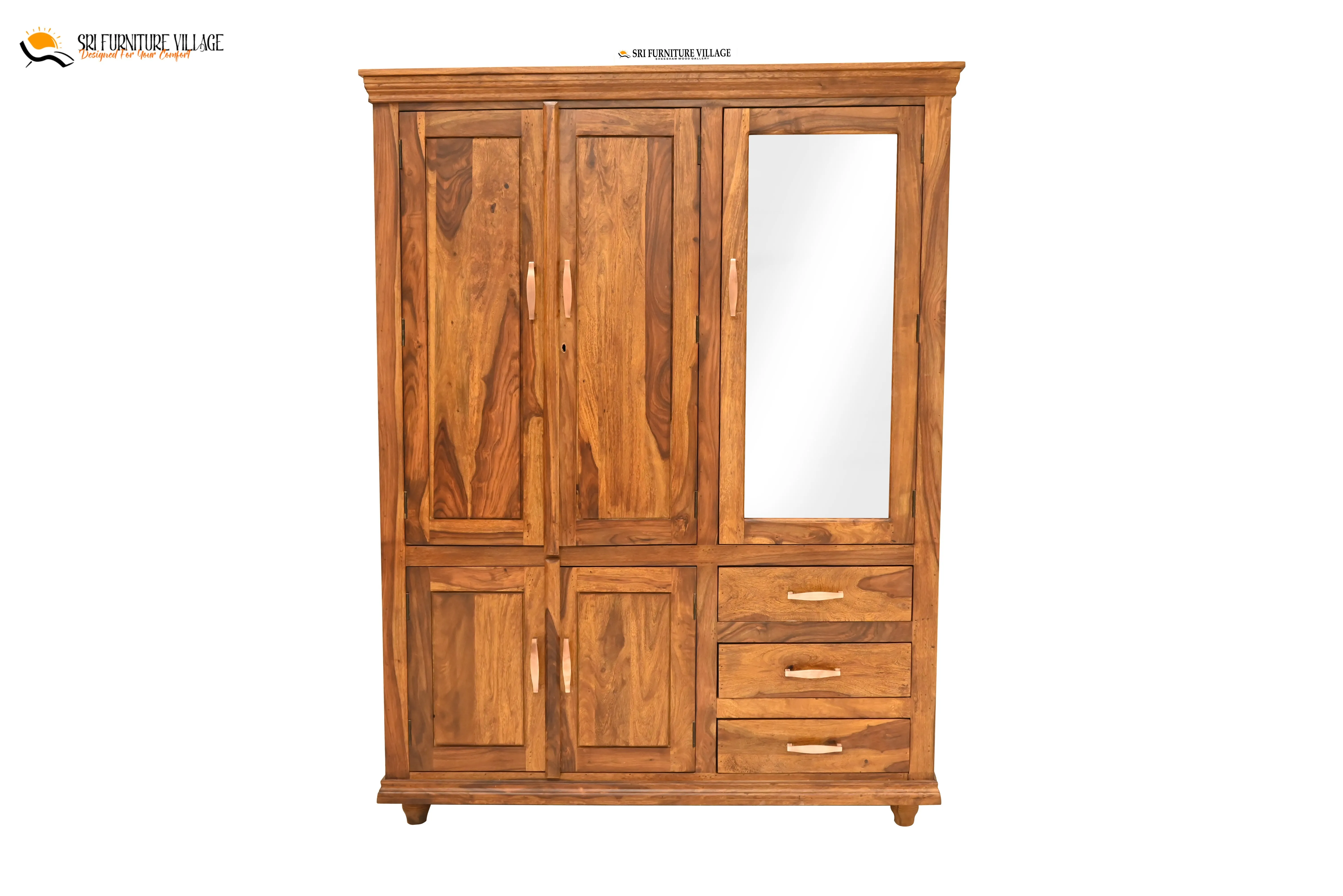 Solid Sheesham Wood Plain 5 Door & Drawer's  Wardrobe (Stone Finish) - 6123