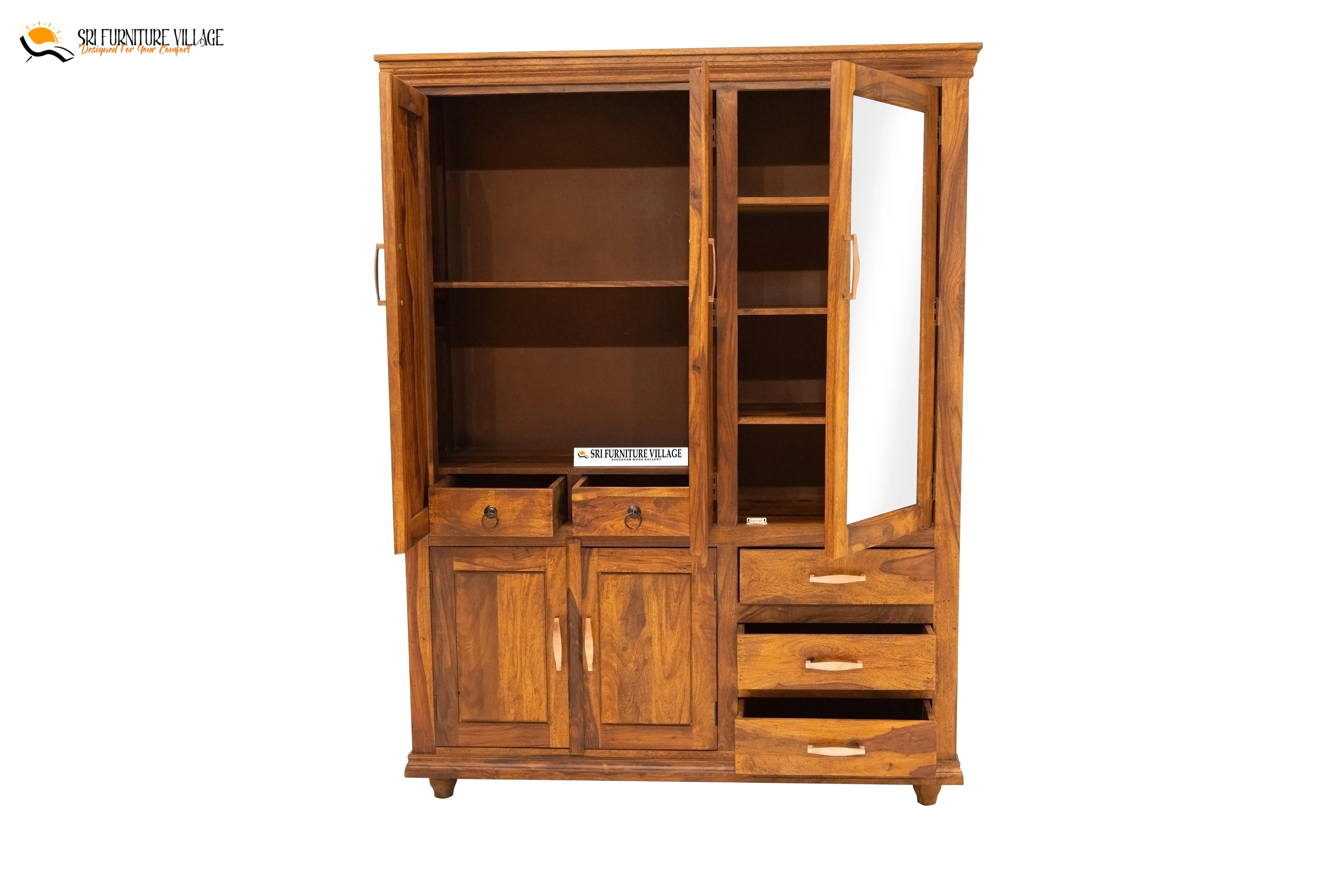 Solid Sheesham Wood Plain 5 Door & Drawer's  Wardrobe (Stone Finish) - 6123