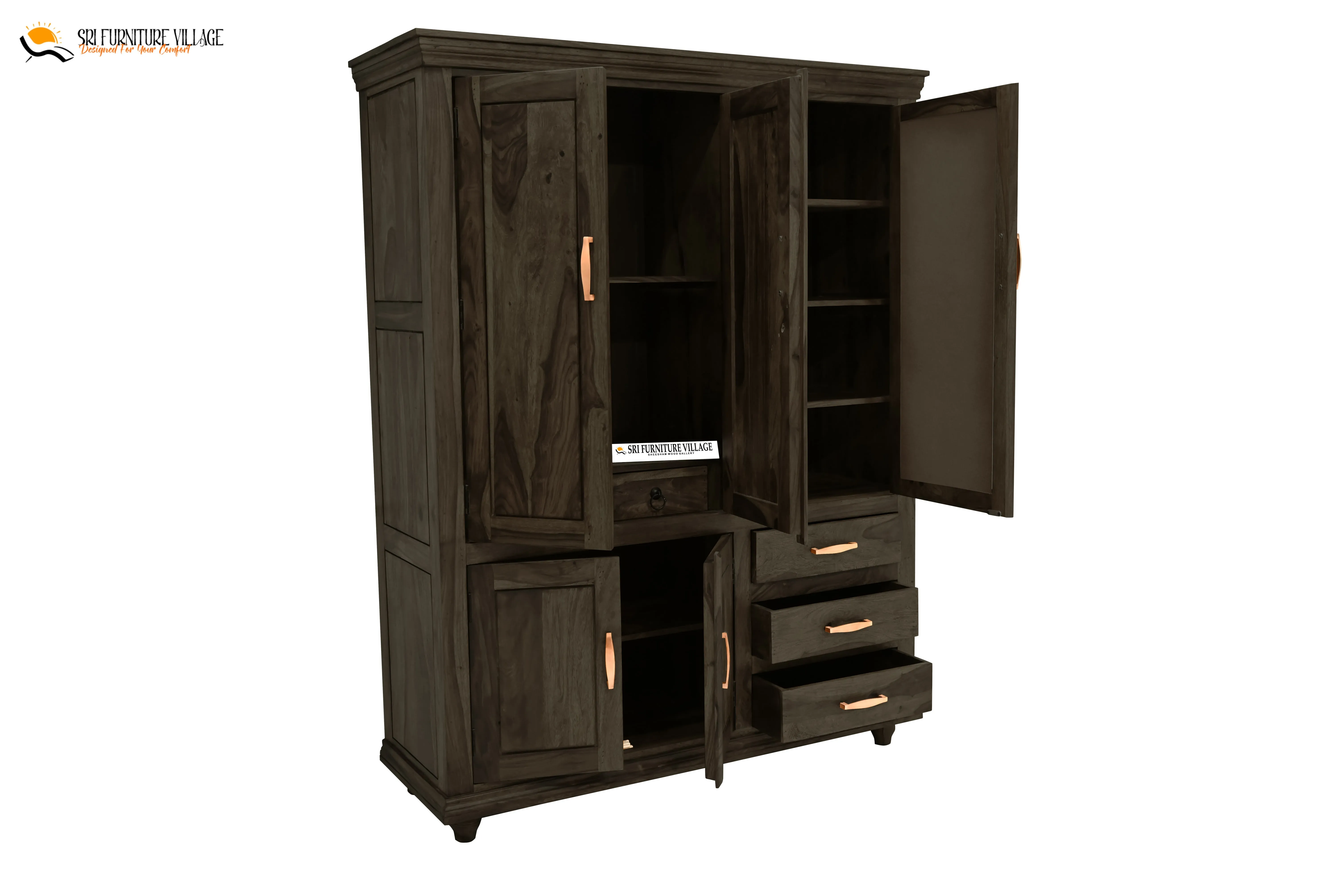 Solid Sheesham Wood Plain 5 Door & Drawer's  Wardrobe (Stone Finish) - 6123