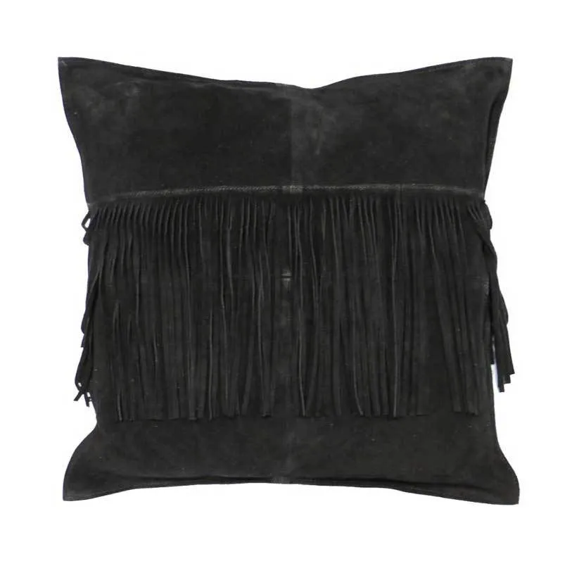 Suede Fringe Cushion - Black (48cm)